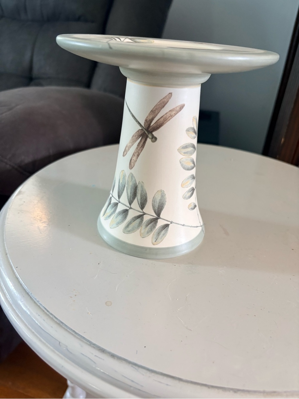Pfaltzgraff Dragonfly Ceramic Pedestal in Sage and Cream - Vintage RARE